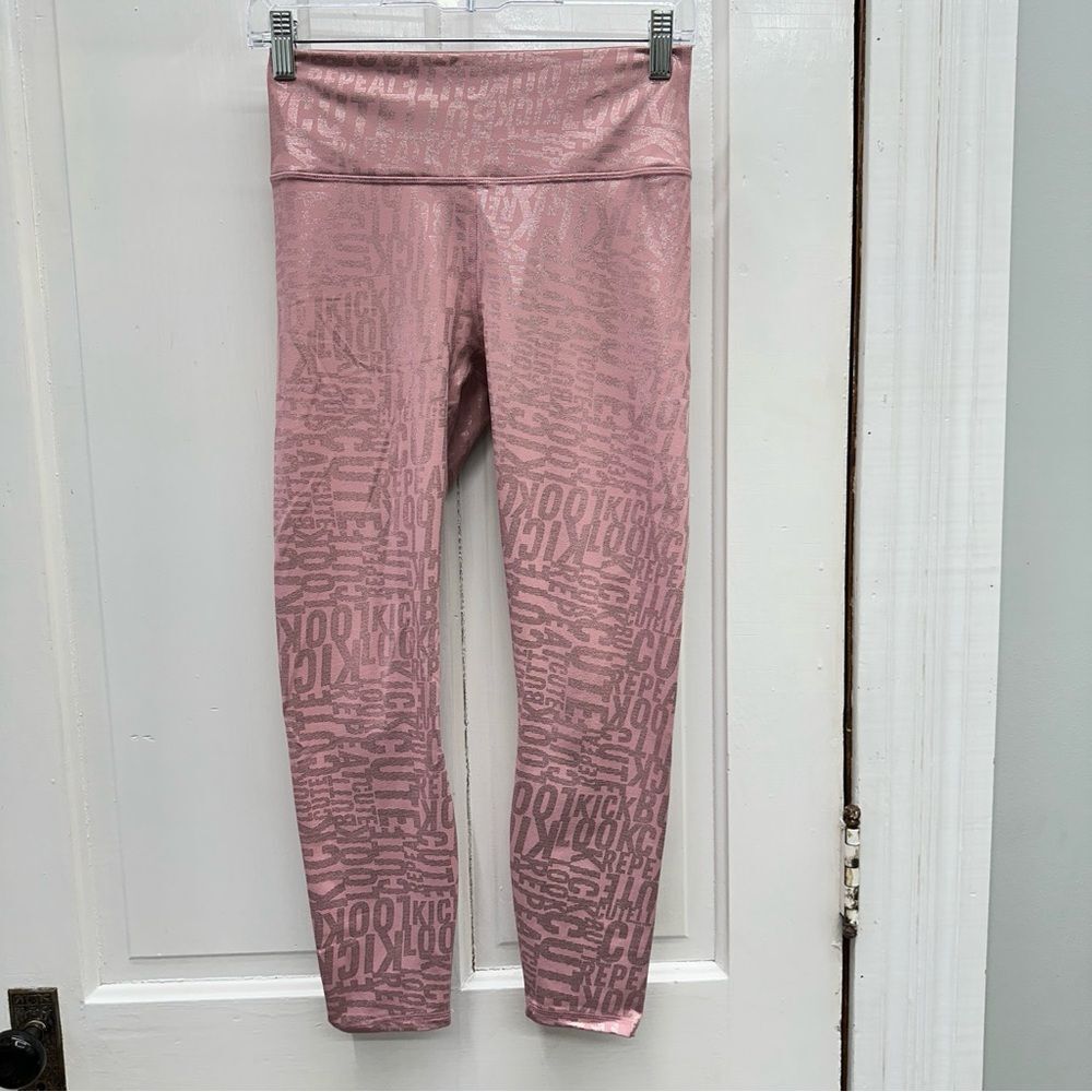 Fabletics powerhold rose‎ pink colored leggings with words women's small